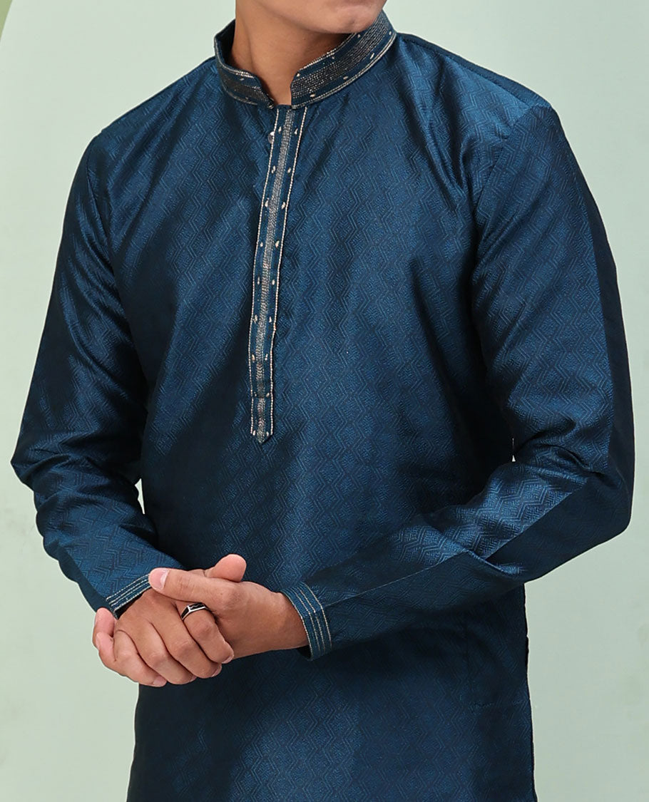 Peacock blue chevron embossed & neck work full-sleeved kurta
