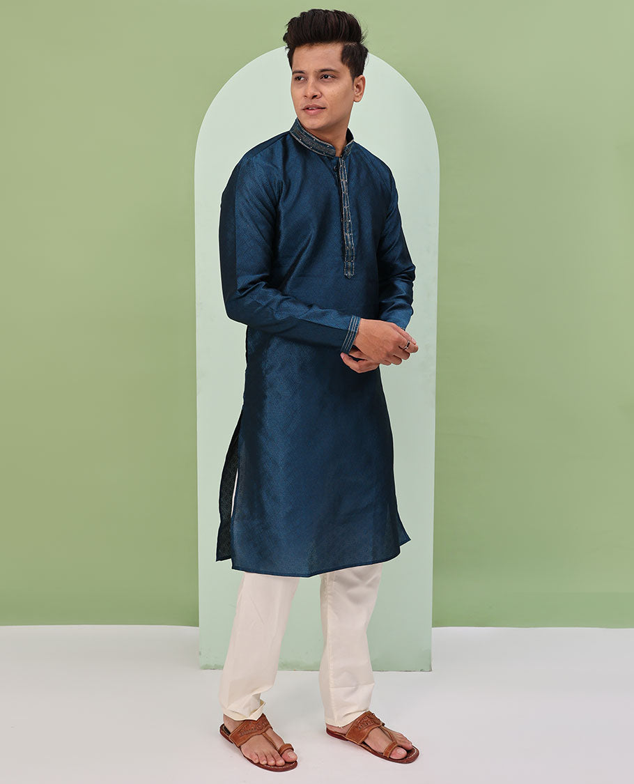 Peacock blue chevron embossed & neck work full-sleeved kurta