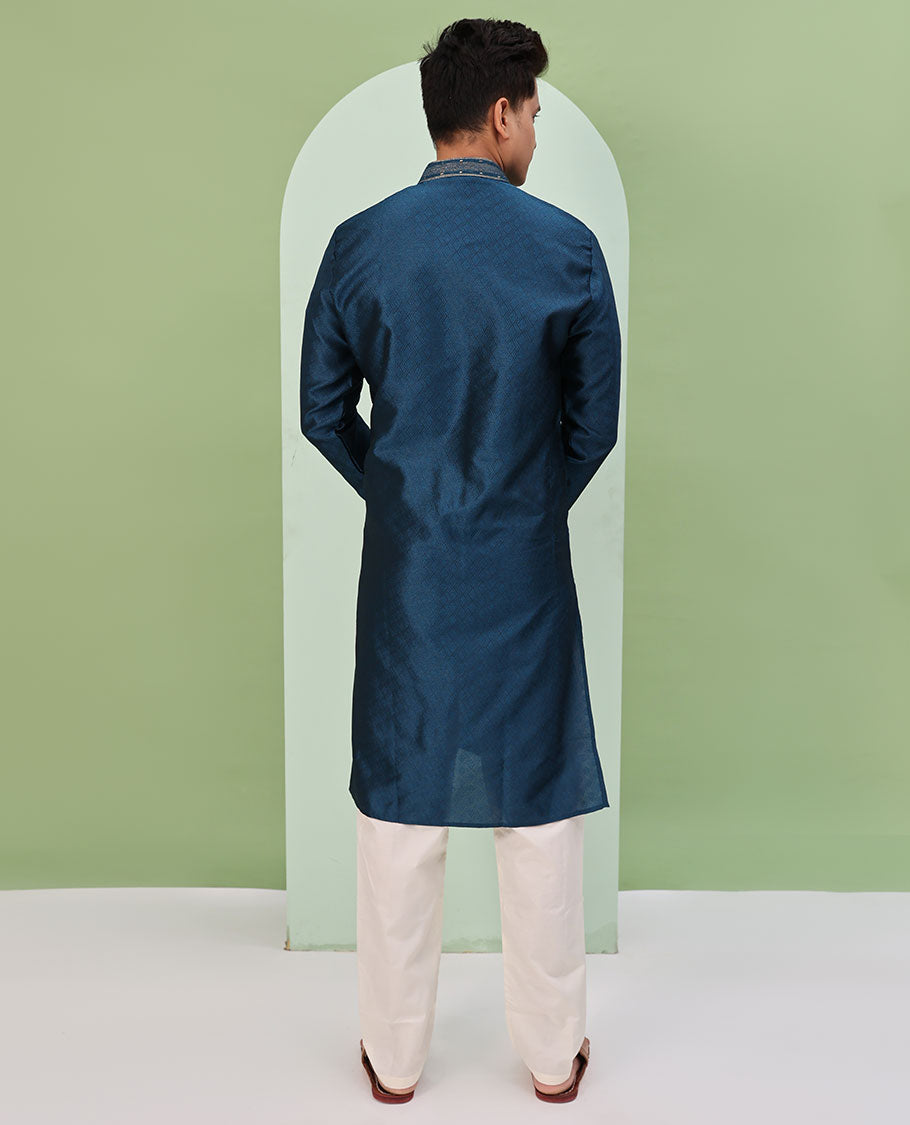 Peacock blue chevron embossed & neck work full-sleeved kurta