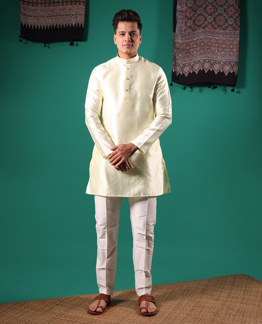 Cream peacock eye style diamond pattern embossed full-sleeved men's kurta
