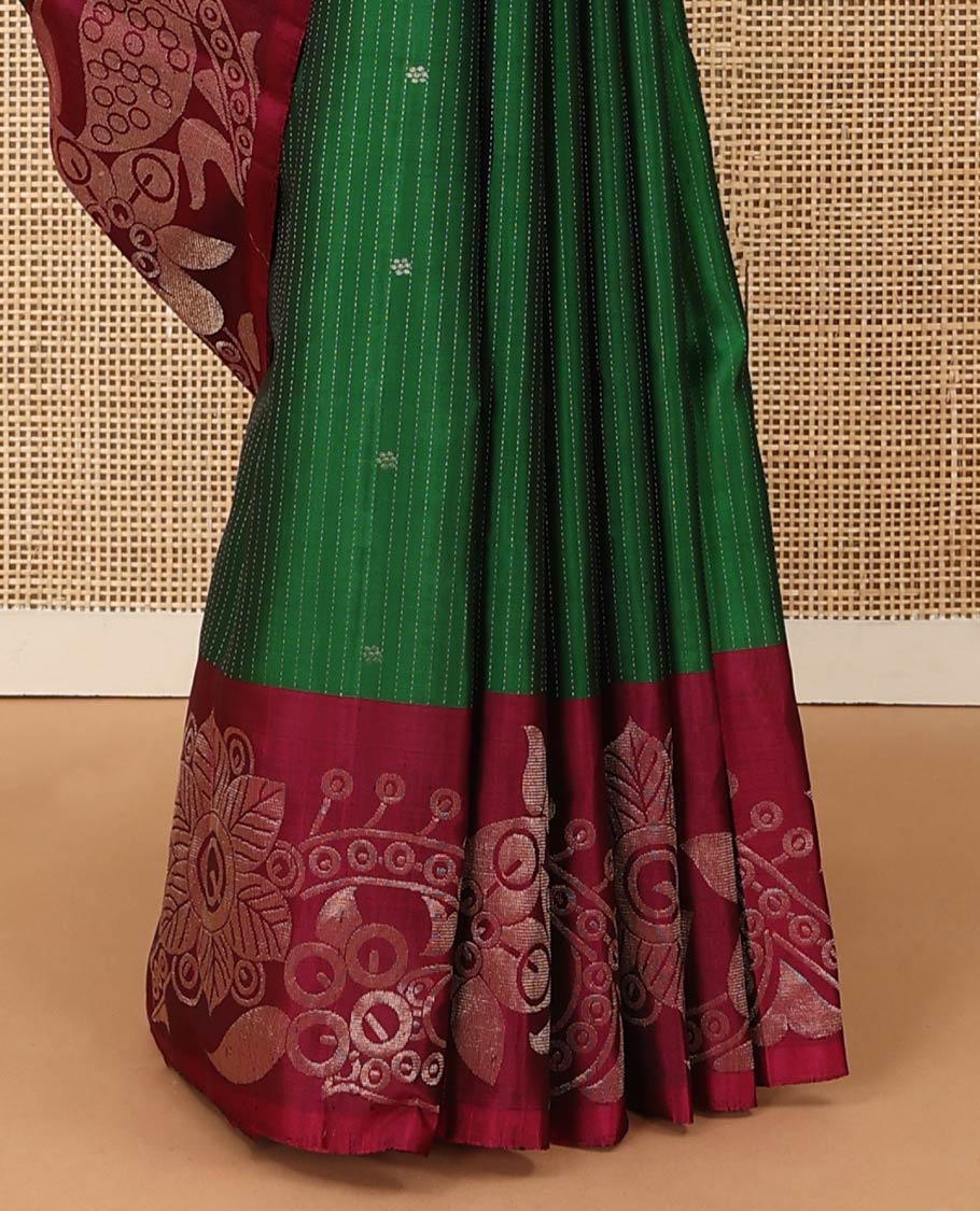 Green stripes and zari buttas soft silk saree, contrast floral design border, and jaal pallu
