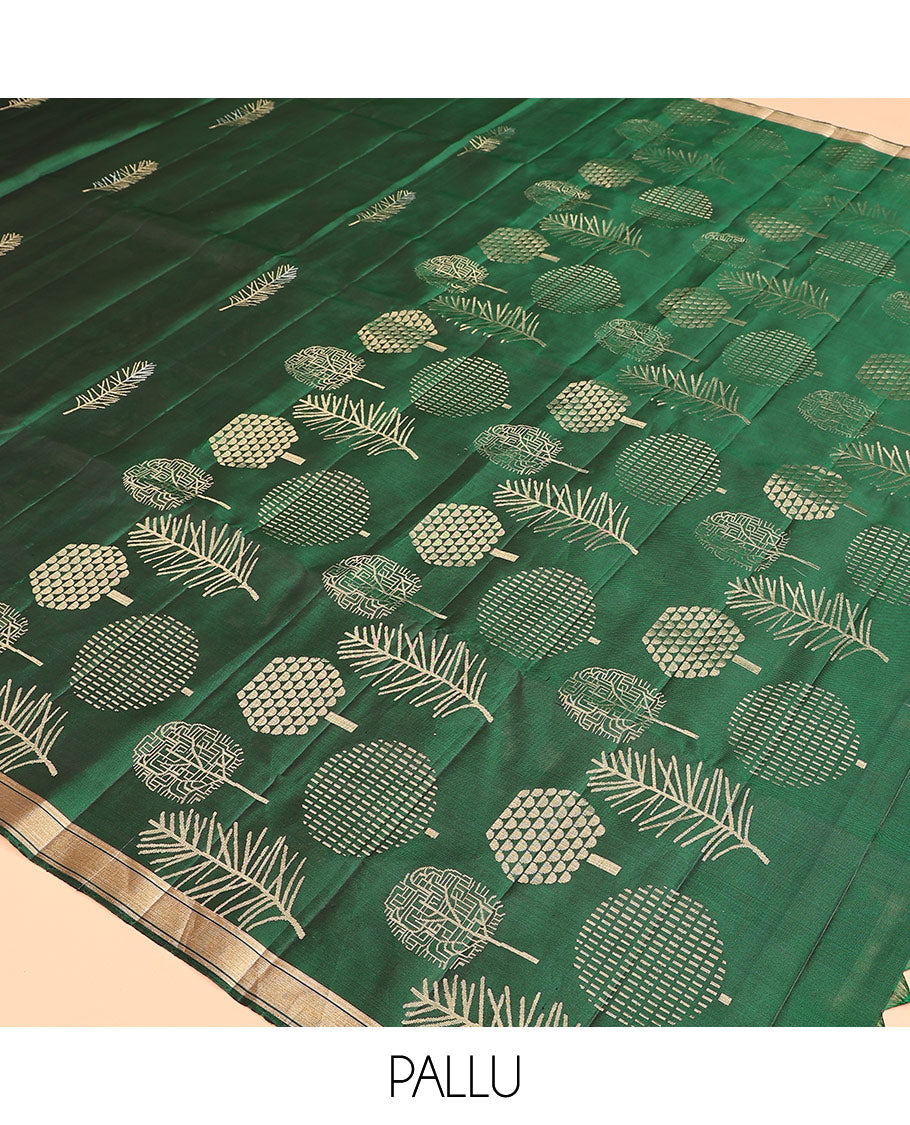 Green leaf buttas soft silk saree, piping zari border, and pallu steeped with unique leaf motifs