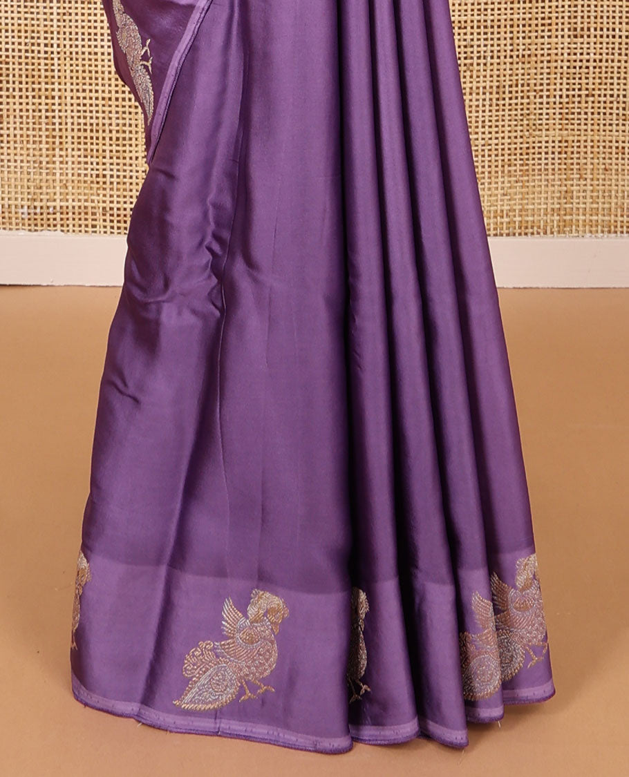 Purple mushru silk saree with self bird design border & ogee design pallu