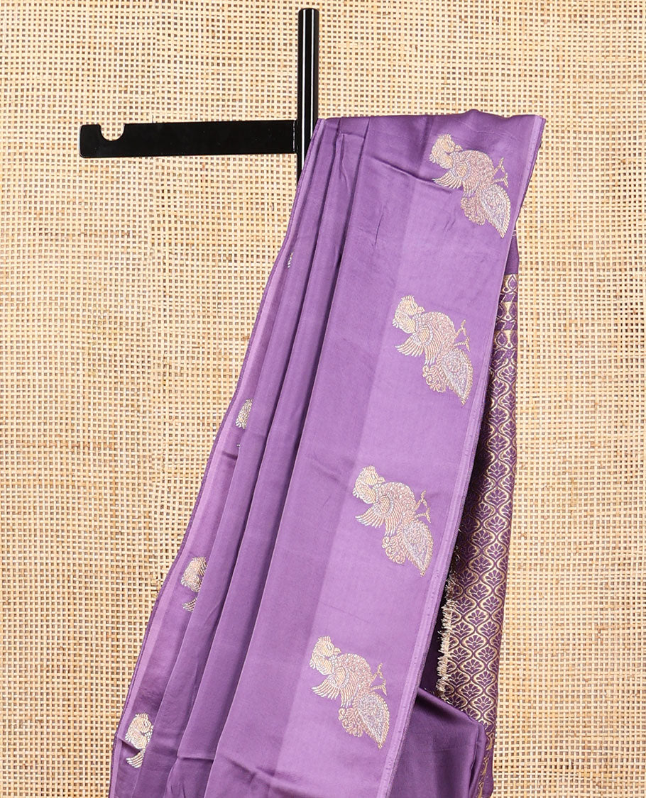 Purple mushru silk saree with self bird design border & ogee design pallu