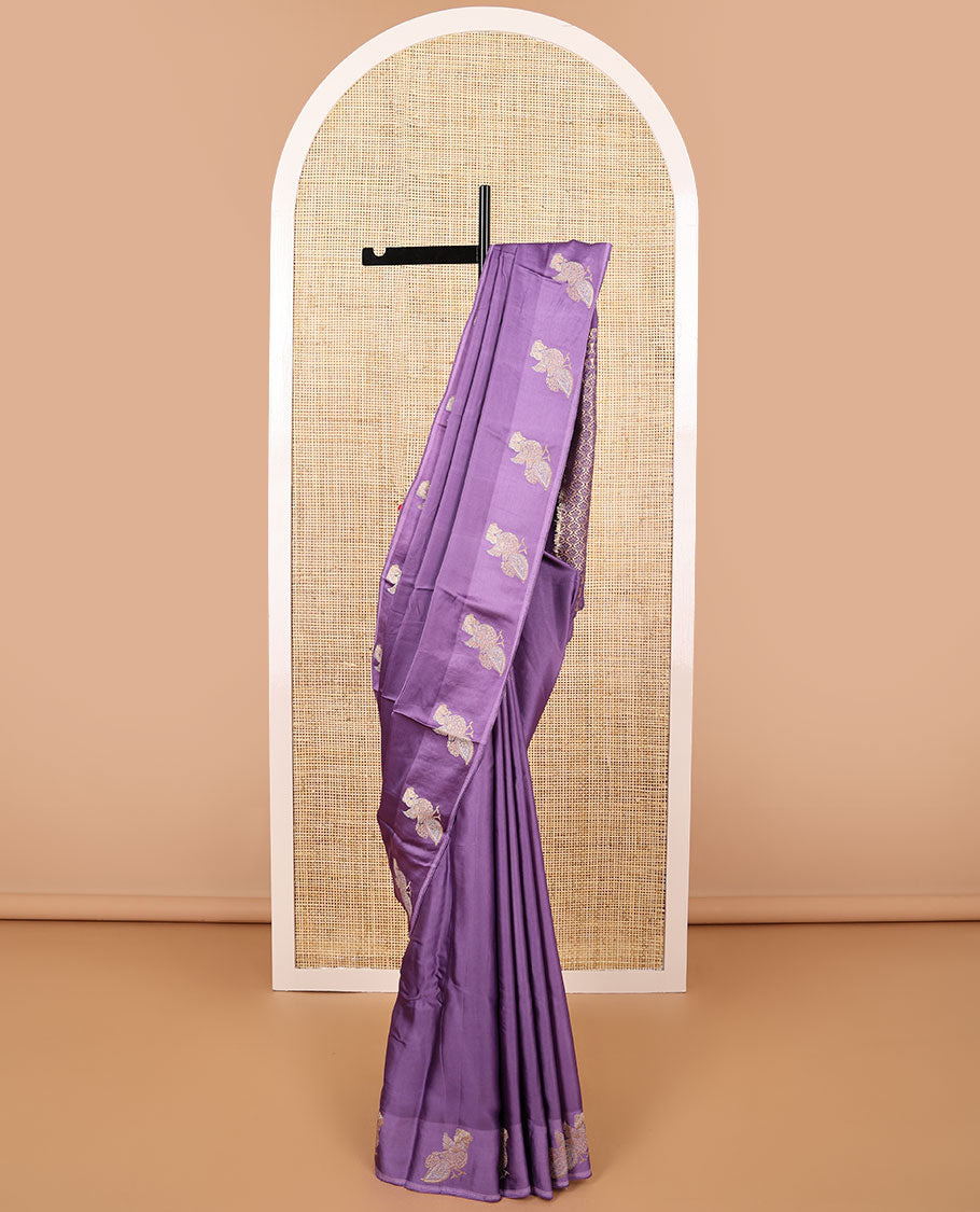 Purple mushru silk saree with self bird design border & ogee design pallu