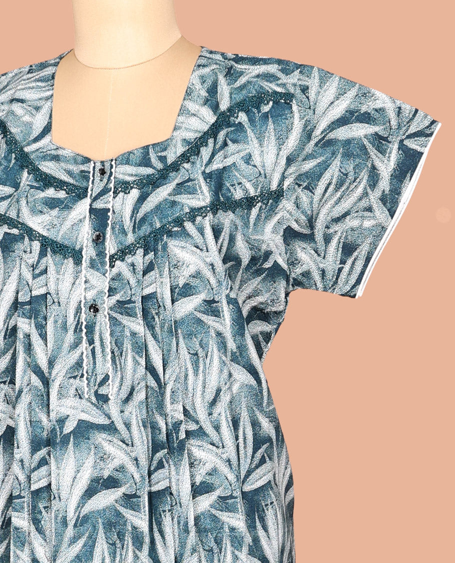 Blue Hexagon Neck Cotton-Blended Nighty