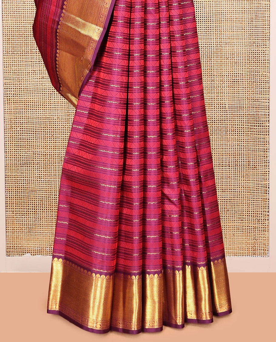 Purple Neli Embossed Parambara Silk Saree, a Zari Border of Salngai, Kathir, Mayil, and Manga Designs, Grand Pallu, and Matching Blouse