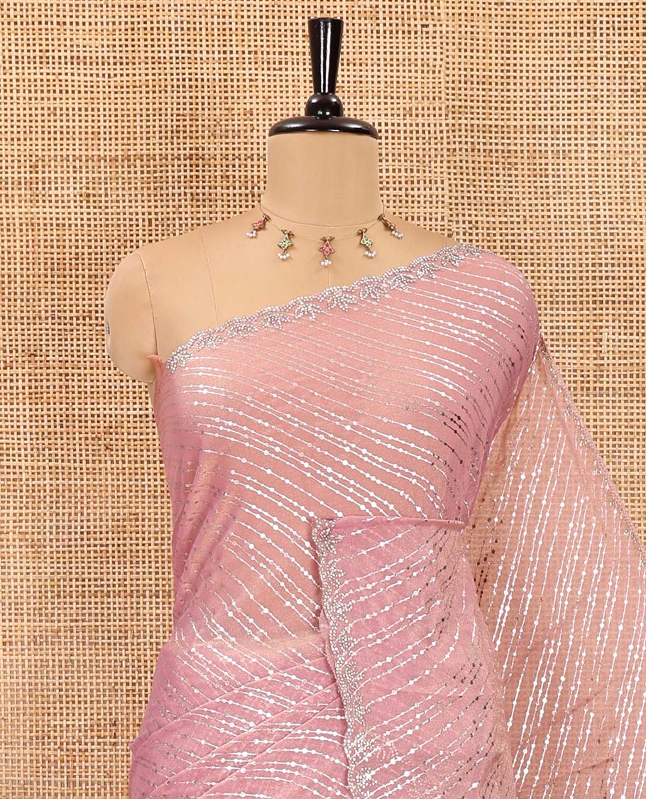 Pink diagonal striped foli printed shimmer chiffon saree, scallop jarkan stone work border, self-pallu, and plain blouse
