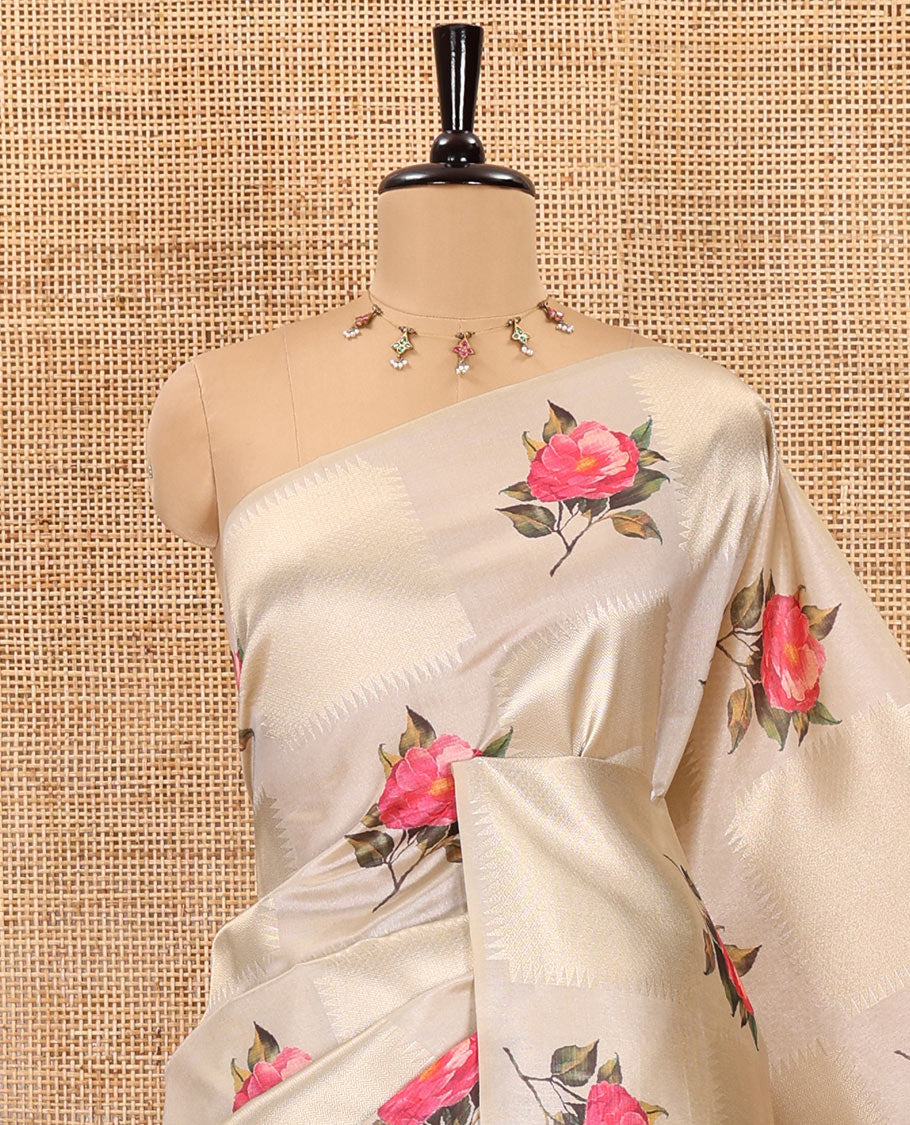 Borderless peach geometric checks, and floral motifs fancy tussar saree, contrast traditional zari woven pallu, and a contrast zari design blouse