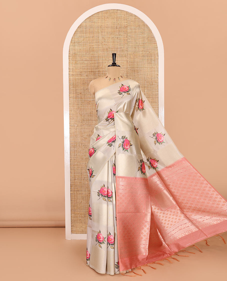 Borderless peach geometric checks, and floral motifs fancy tussar saree, contrast traditional zari woven pallu, and a contrast zari design blouse