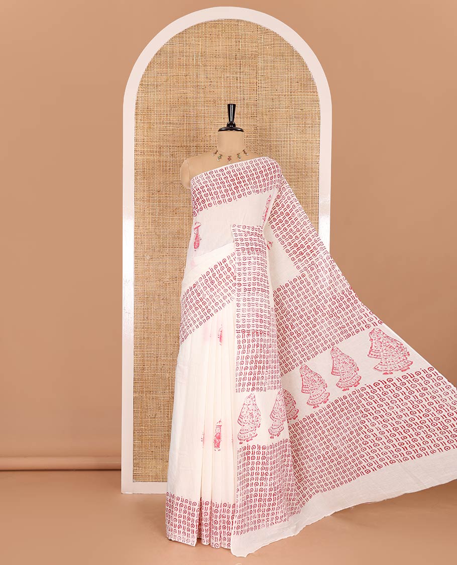 Cream Chandrakala Kalamkari block printed mul cotton saree, unique motifs hand block printed border, printed pallu, and a matching blouse