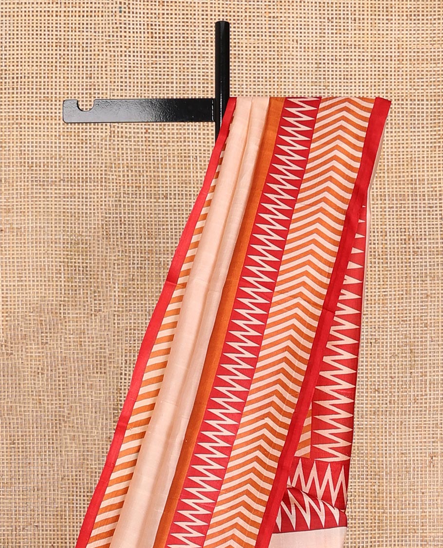 Sandal plain printed silk saree, contrast big printed border & pallu features temple & chevron motifs