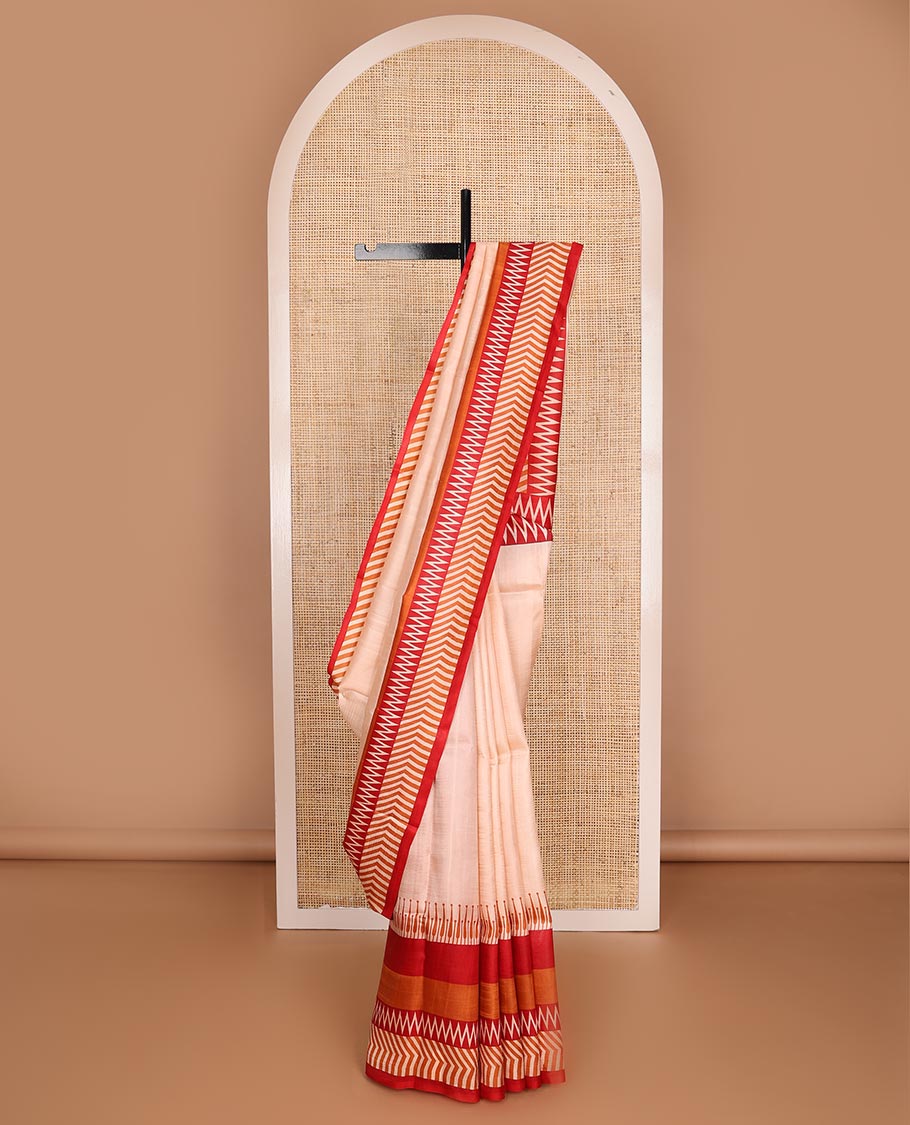 Sandal plain printed silk saree, contrast big printed border & pallu features temple & chevron motifs