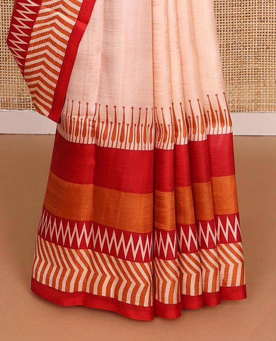 Sandal plain printed silk saree, contrast big printed border & pallu features temple & chevron motifs