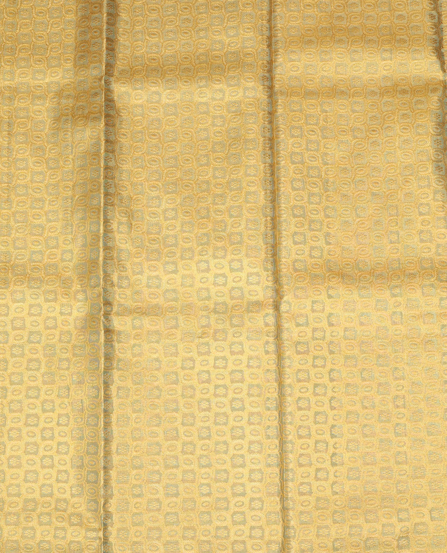 Beige pure-silk half saree, contrast border & blouse of rekku, rudraksham,mayil & yaali design & zari design dhavani