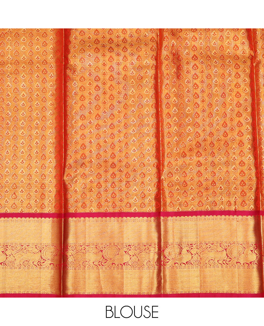 Beige pure-silk half saree, contrast border & blouse of rekku, rudraksham,mayil & yaali design & zari design dhavani