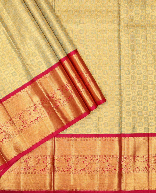 Beige pure-silk half saree, contrast border & blouse of rekku, rudraksham,mayil & yaali design & zari design dhavani