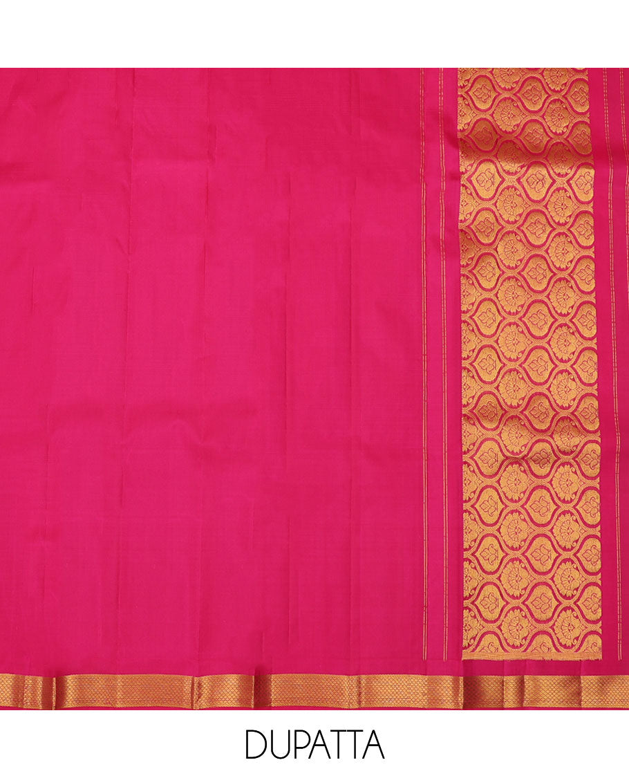 Beige pure-silk half saree, contrast border & blouse of rekku, rudraksham,mayil & yaali design & zari design dhavani