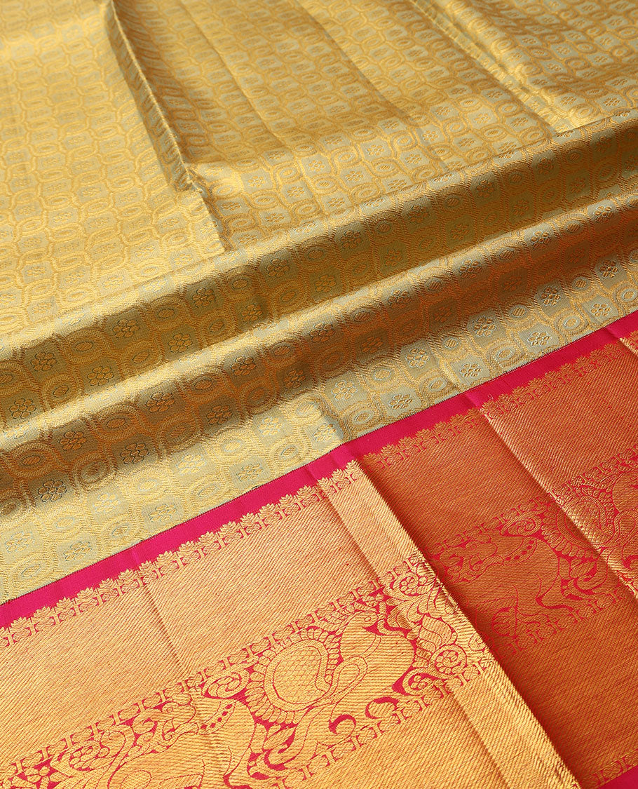 Beige pure-silk half saree, contrast border & blouse of rekku, rudraksham,mayil & yaali design & zari design dhavani