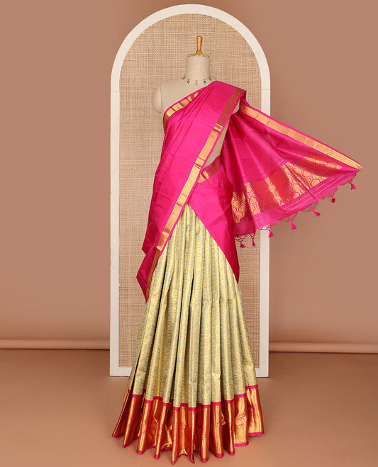 Beige pure-silk half saree, contrast border & blouse of rekku, rudraksham,mayil & yaali design & zari design dhavani