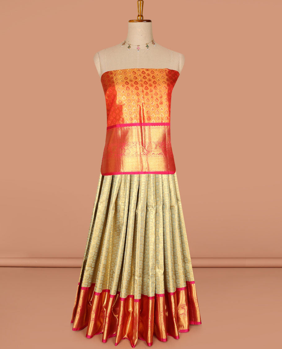 Beige pure-silk half saree, contrast border & blouse of rekku, rudraksham,mayil & yaali design & zari design dhavani