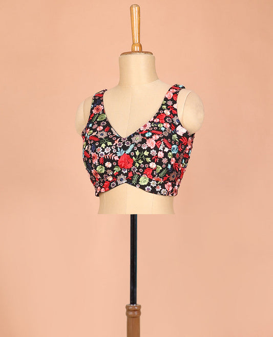 Black floral motifs kaleidoscopic-color thread embroidered front and back leaf-neck sleeveless readymade blouse