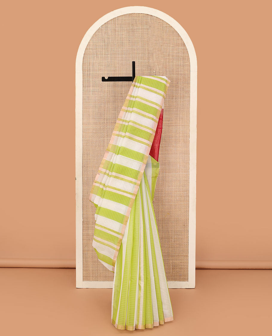 Green striped silk cotton saree, zari piping border, and contrast zari design pallu