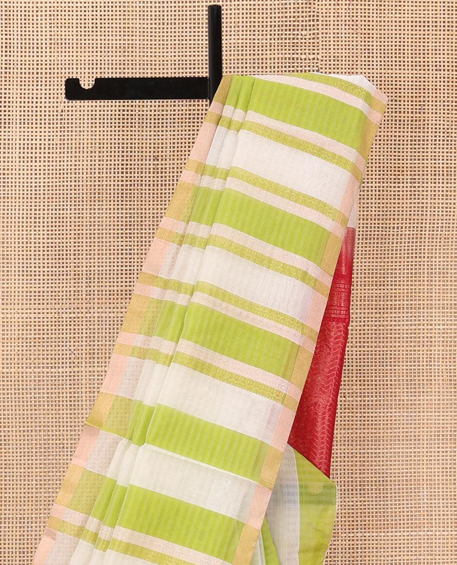 Green striped silk cotton saree, zari piping border, and contrast zari design pallu