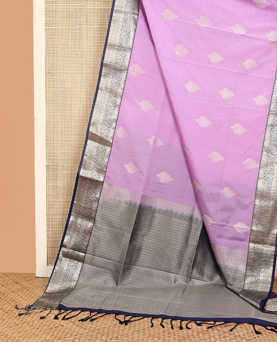 Lavender zari buttas soft silk saree, contrast traditional zari design border, and jaal pallu