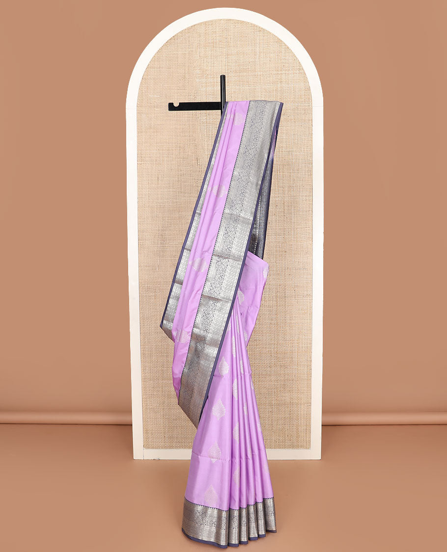 Lavender zari buttas soft silk saree, contrast traditional zari design border, and jaal pallu