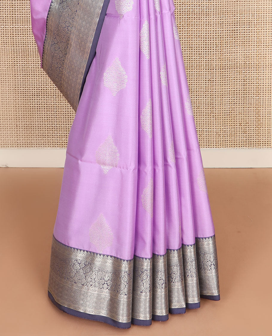 Lavender zari buttas soft silk saree, contrast traditional zari design border, and jaal pallu