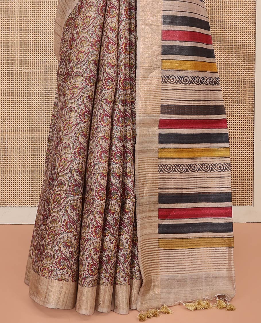 Light Sandal Tussar Silk Saree Decked Up with Kalamkari-Style Floral Jaal Printed All Over Its Body, with a Subtle Self-Border, Complemented by Contrast Pallu of Vibrant Geometric Print, and Paired with a Contrast Blouse