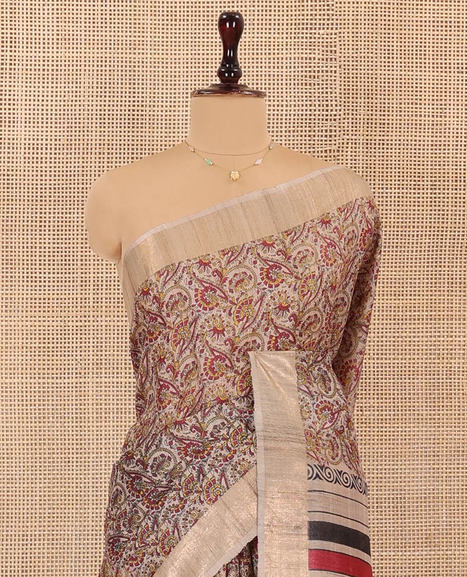 Light Sandal Tussar Silk Saree Decked Up with Kalamkari-Style Floral Jaal Printed All Over Its Body, with a Subtle Self-Border, Complemented by Contrast Pallu of Vibrant Geometric Print, and Paired with a Contrast Blouse
