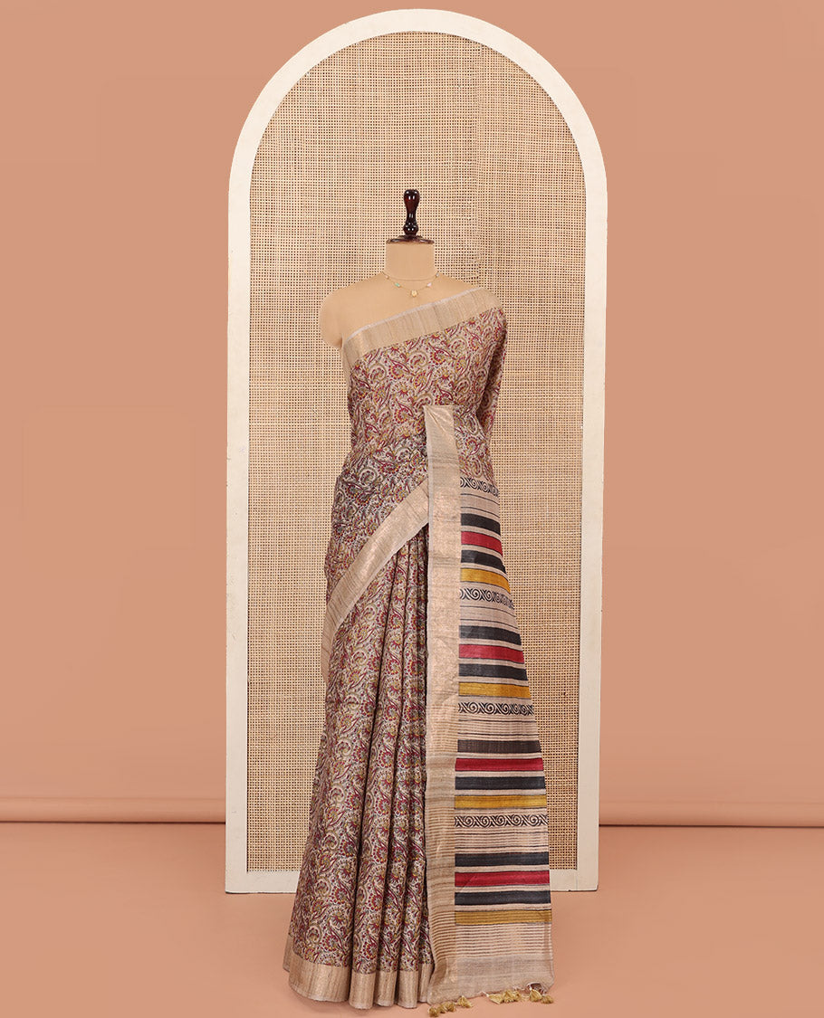 Light Sandal Tussar Silk Saree Decked Up with Kalamkari-Style Floral Jaal Printed All Over Its Body, with a Subtle Self-Border, Complemented by Contrast Pallu of Vibrant Geometric Print, and Paired with a Contrast Blouse