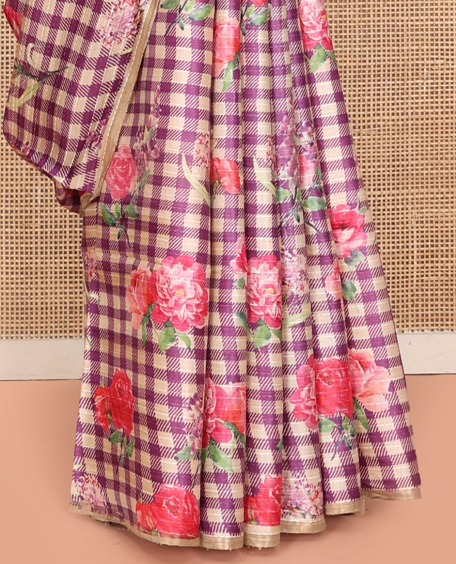 Sandal and Purple Tussar Silk Saree, Mesmerized with Burberry-Style Checks and Floral Print on Its Body, a Subtle Border, Subtly Striped Pallu, and Paired with a Matching Blouse