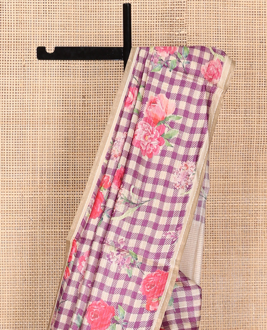 Sandal and Purple Tussar Silk Saree, Mesmerized with Burberry-Style Checks and Floral Print on Its Body, a Subtle Border, Subtly Striped Pallu, and Paired with a Matching Blouse