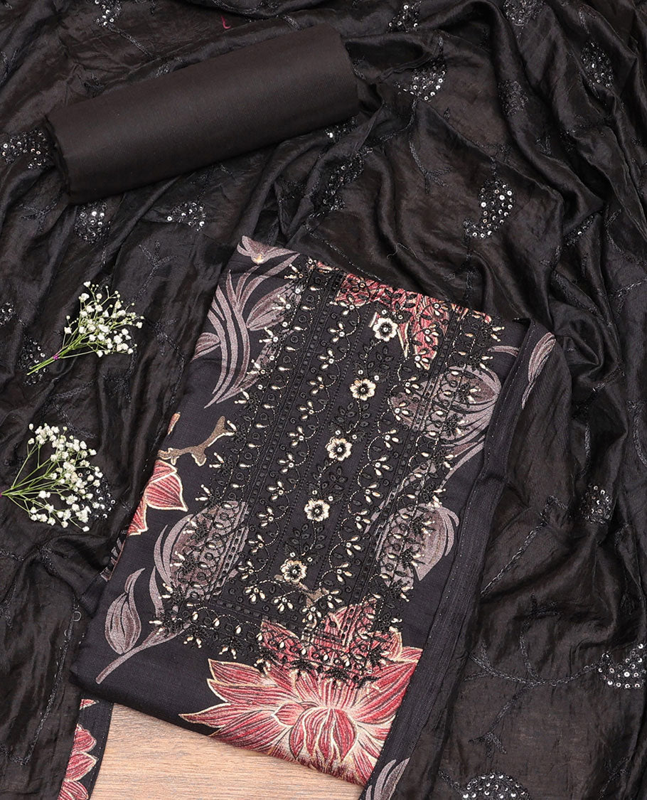 Black Rayon Floral Print Material Chudidar Set