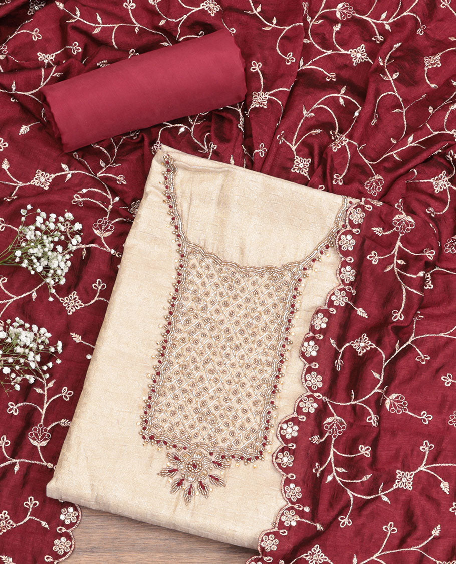 Cream-Wine Tissue Material Chudidar Set