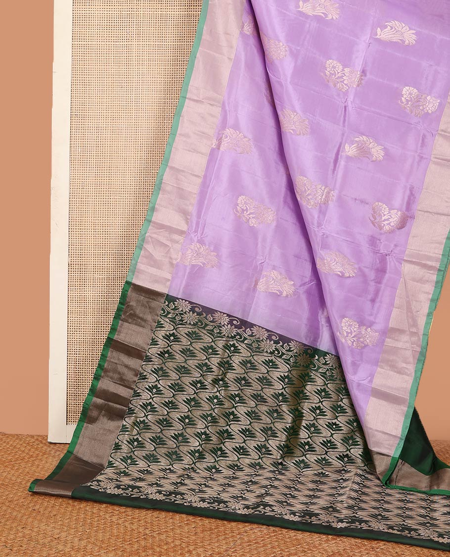 Lavender floral zari buttas Uppada saree, contrast bavanji border, and ogee patterned pallu