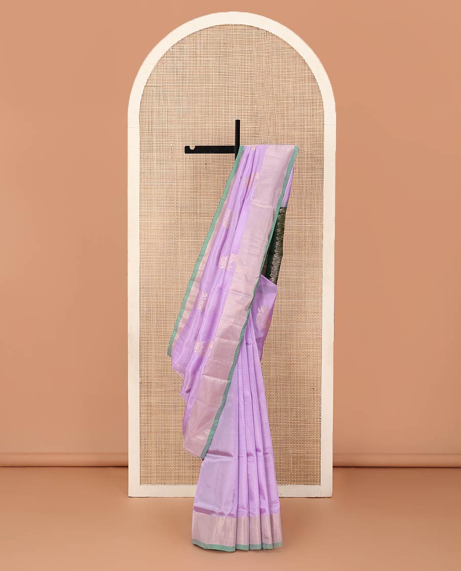 Lavender floral zari buttas Uppada saree, contrast bavanji border, and ogee patterned pallu