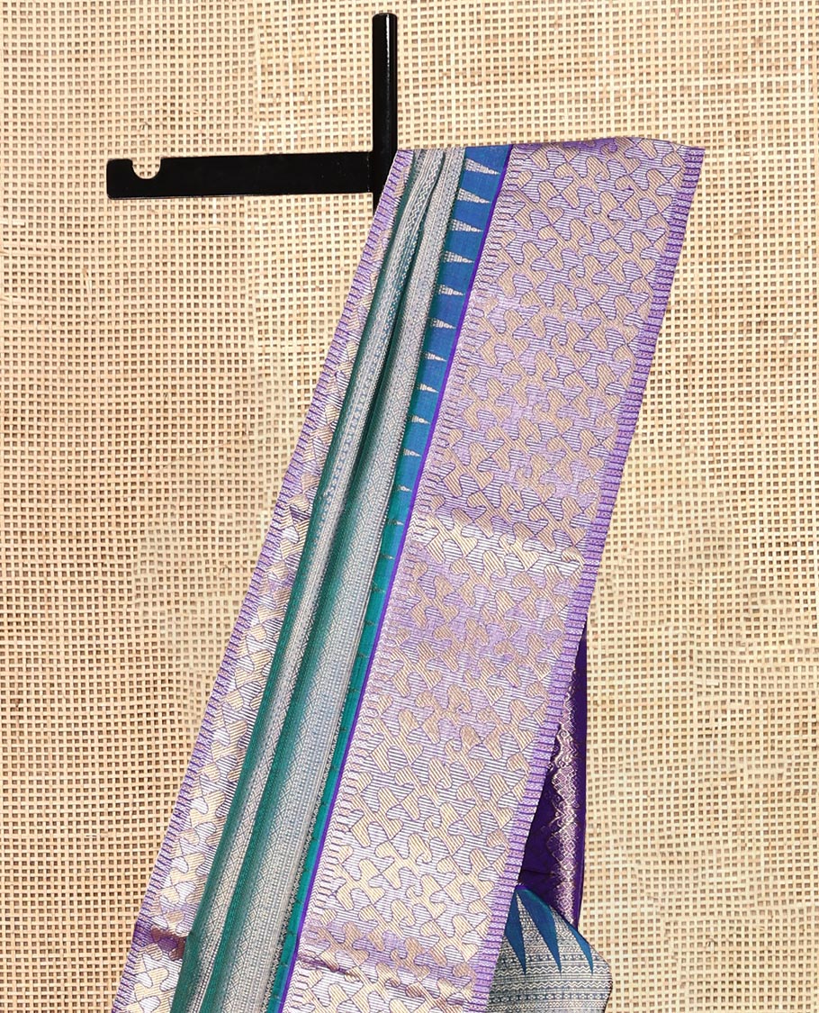 Blue Jacquard Venkatagiri Silk Saree, a Contrast Geometric Zari Border, Jaal Pallu, a Contrast Blouse