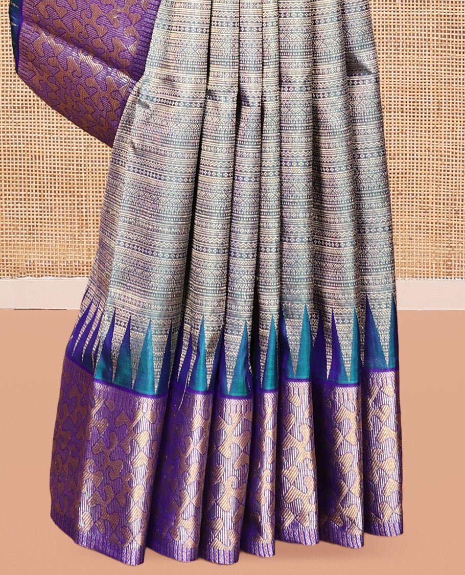 Blue Jacquard Venkatagiri Silk Saree, a Contrast Geometric Zari Border, Jaal Pallu, a Contrast Blouse