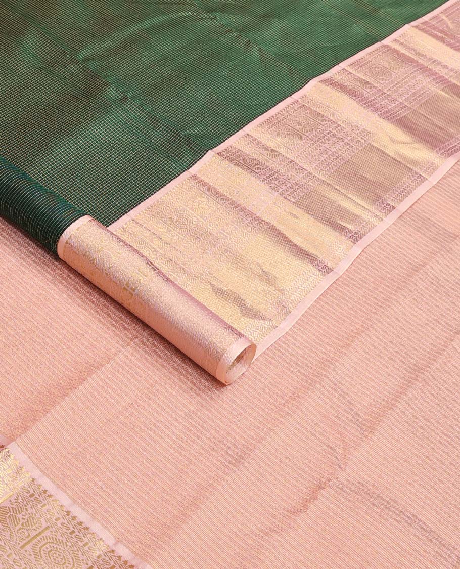 Green kasa kasa kattam Vasundhara silk mix saree, contrast border of rekku, paisa, annam chakram, muthu, rekku, kamalam, and kuyil kann designs, and jaal pallu