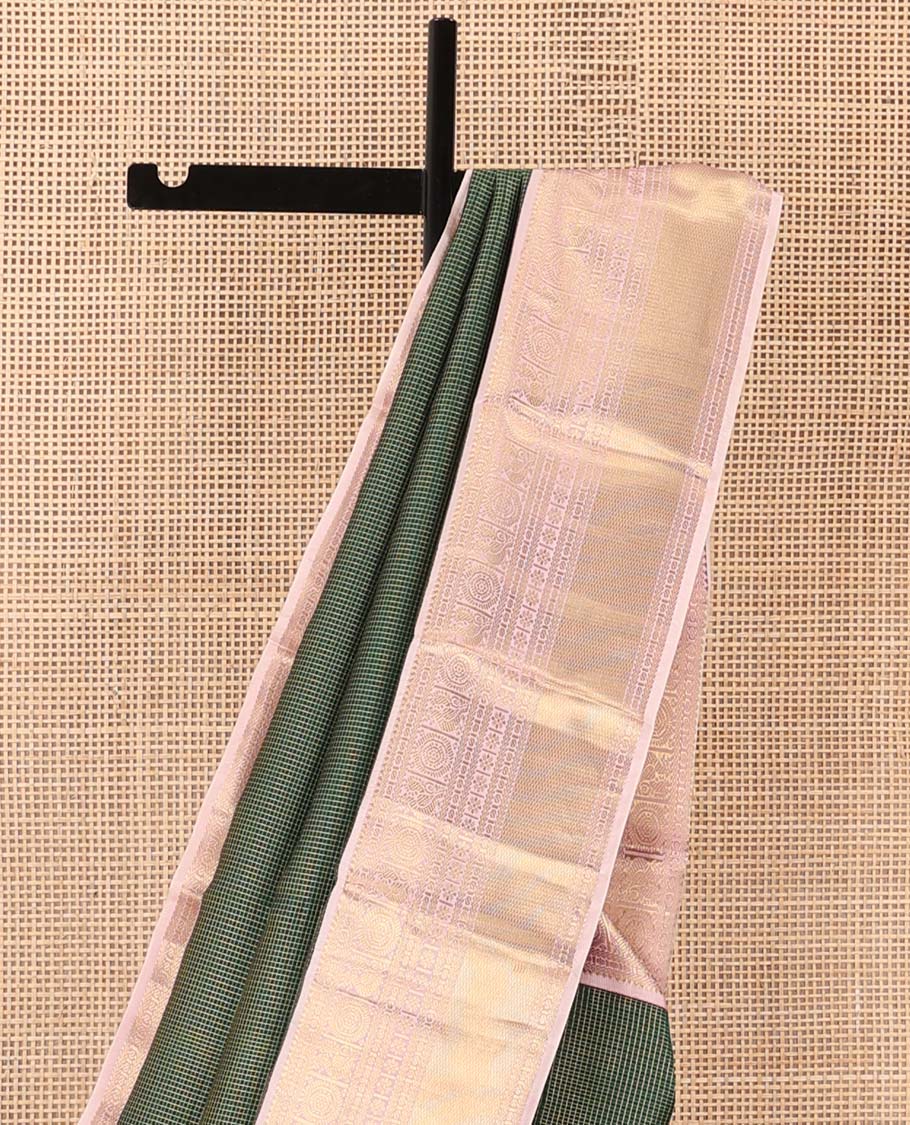 Green kasa kasa kattam Vasundhara silk mix saree, contrast border of rekku, paisa, annam chakram, muthu, rekku, kamalam, and kuyil kann designs, and jaal pallu