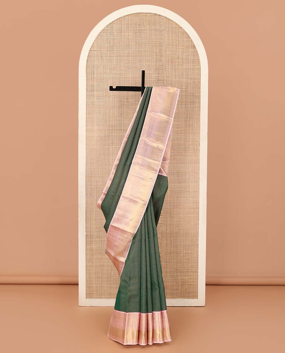 Green kasa kasa kattam Vasundhara silk mix saree, contrast border of rekku, paisa, annam chakram, muthu, rekku, kamalam, and kuyil kann designs, and jaal pallu