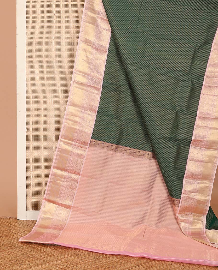Green kasa kasa kattam Vasundhara silk mix saree, contrast border of rekku, paisa, annam chakram, muthu, rekku, kamalam, and kuyil kann designs, and jaal pallu