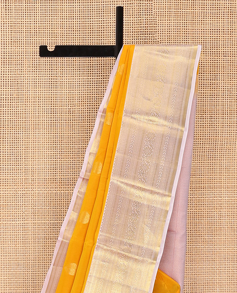 Yellow Vasundhara Lite Silk Mix Saree Subtly Sparked with Zari Buttas, Complemented with a Contrast Border of Rekku, Muthu, Neli, Diamond, Kathir, Mayil Kann, and Kodi Visiry Designs, Elevated with Zari Vanki Pallu, and a Contrast Blouse