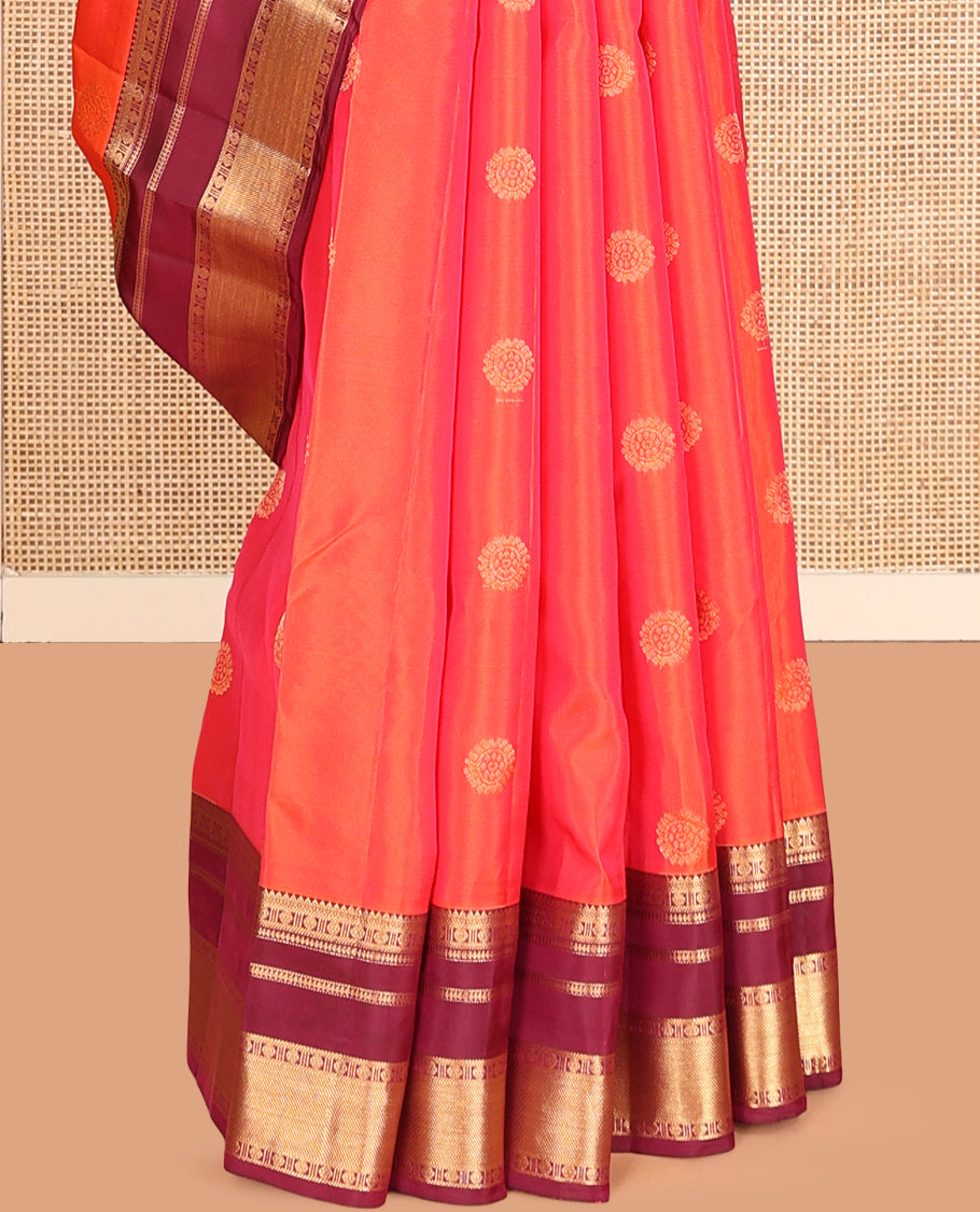 Orange Vasundhara Lite Silk Mix Saree, Delicately Woven with Chakram Buttas, a Contrast Border of Rekku, Banaras, Poun, and Manga Designs, Jaal Pallu, and a Contrast Blouse