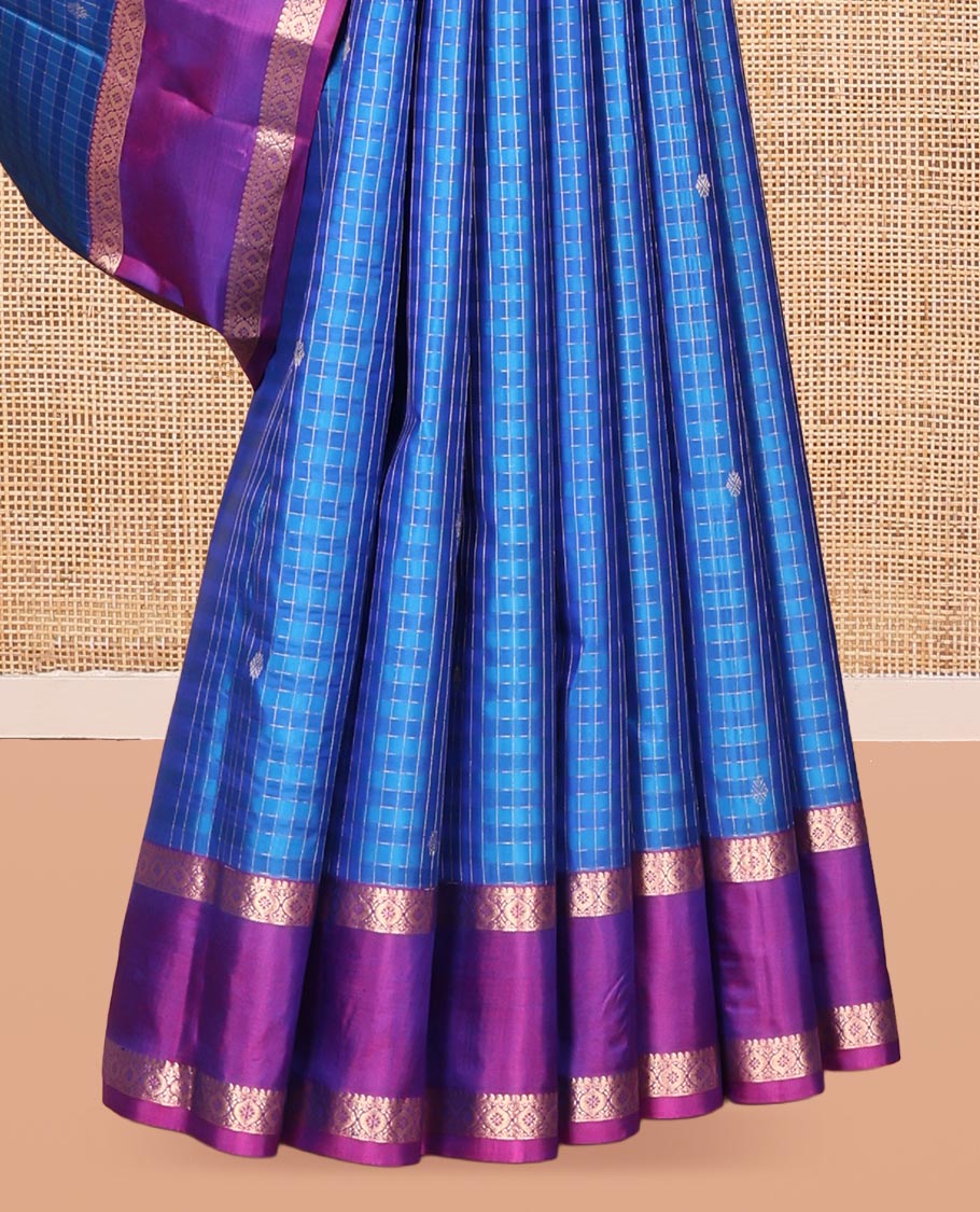 Blue Vasundhara Silk Saree, Featuring Zari Buttas and Checks, a Contrast Rettai Pettu Zari Border, Jaal Pallu, and Contrast Blouse