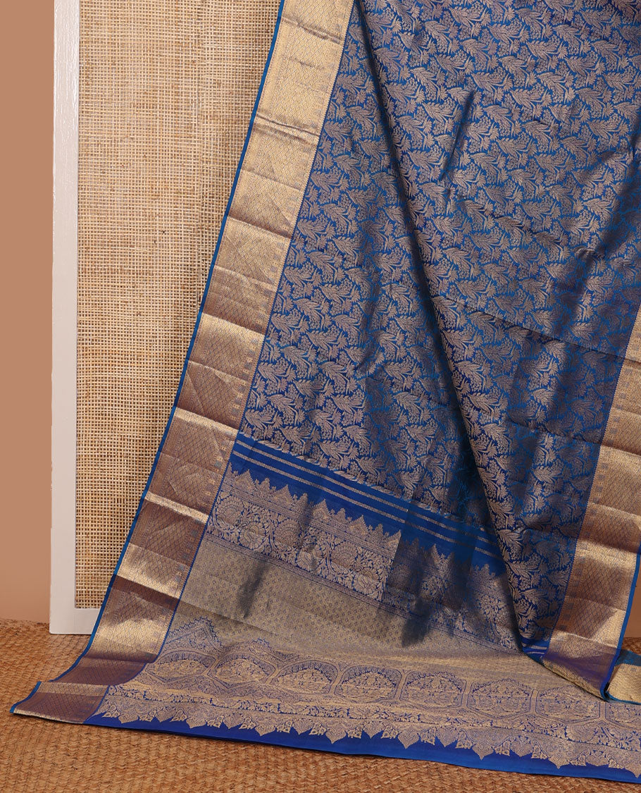 Blue jacquard wedding silk saree, zari border of rekku,Muthu,kazhugu & jaal design & pallu of animal motifs in zari